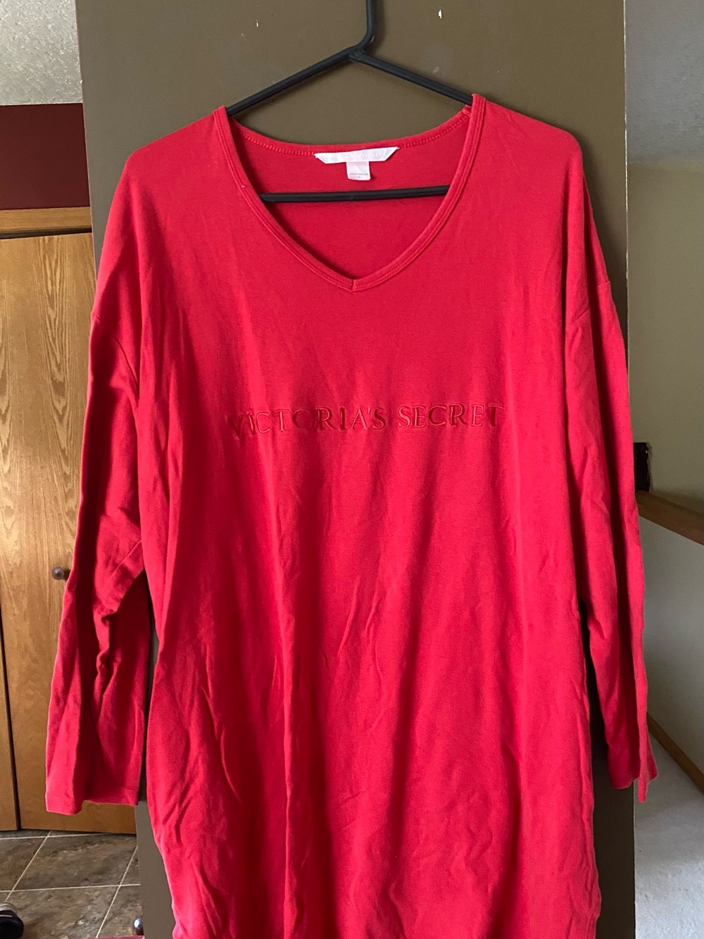 Victoria's Secret Red V-Neck Long Sleeve Tee with Tonal Logo